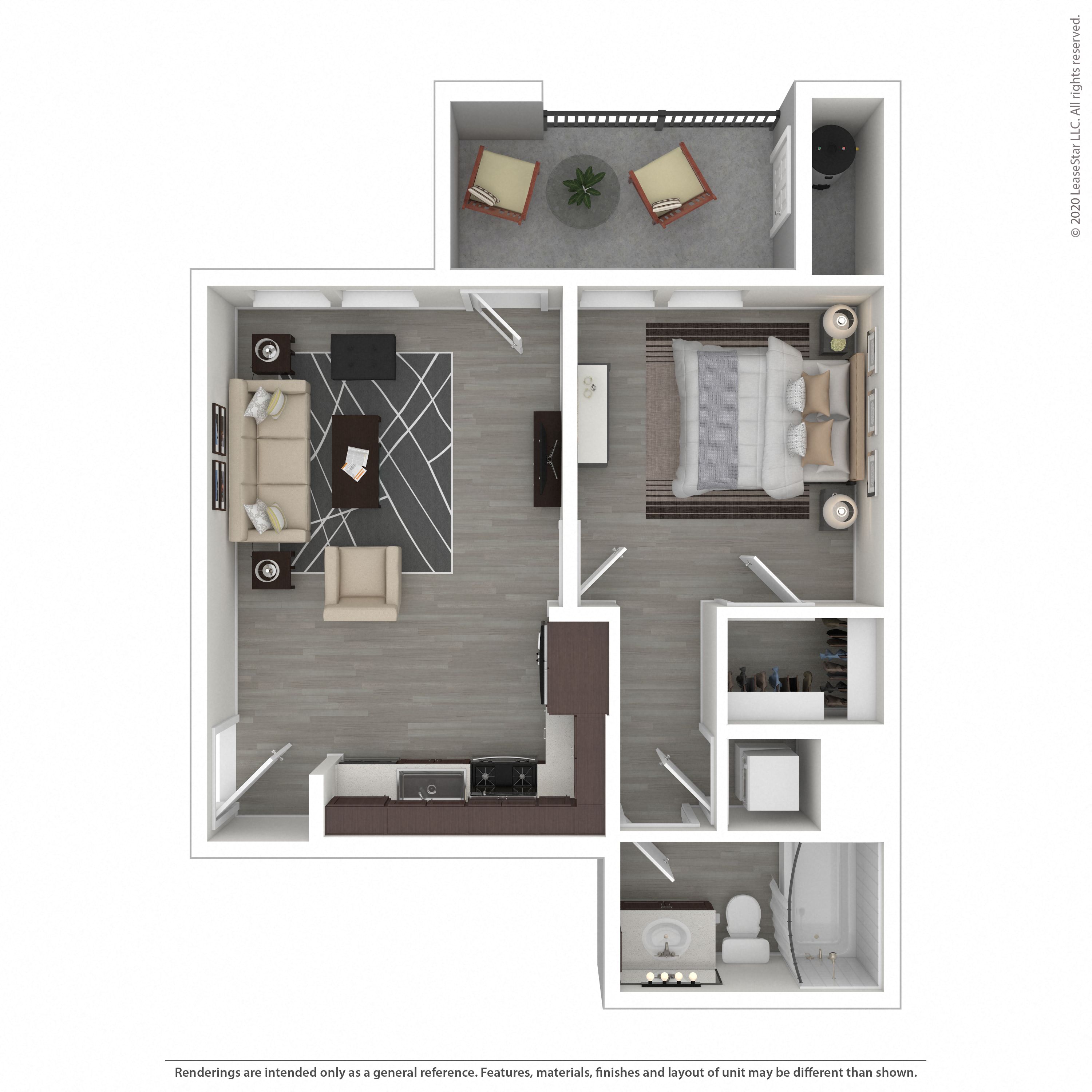 Floor plan for 1 bed, 1 bath, 604 sqft